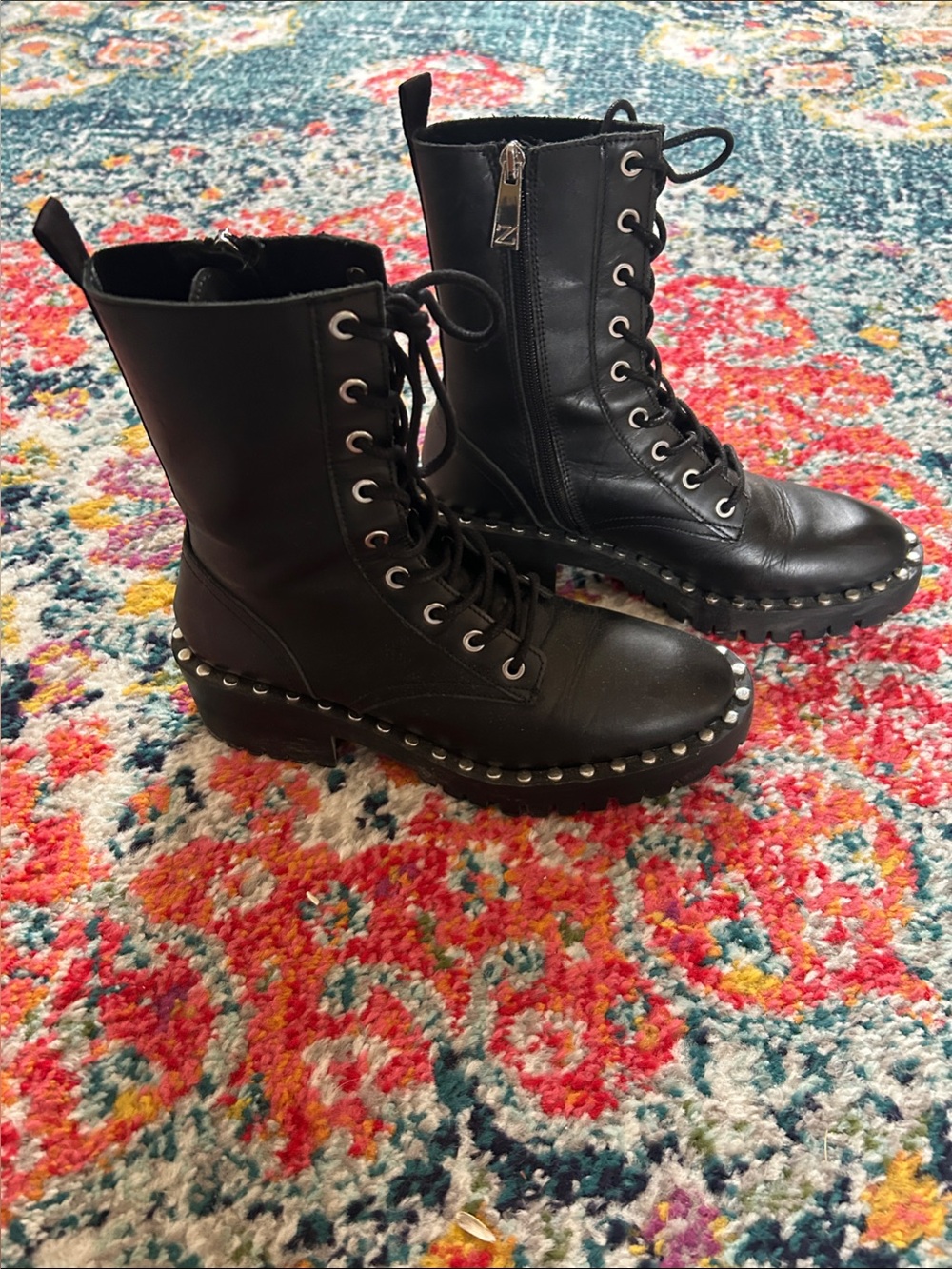 Zara Black Studded Genuine Leather Lace-Up Combat Boots